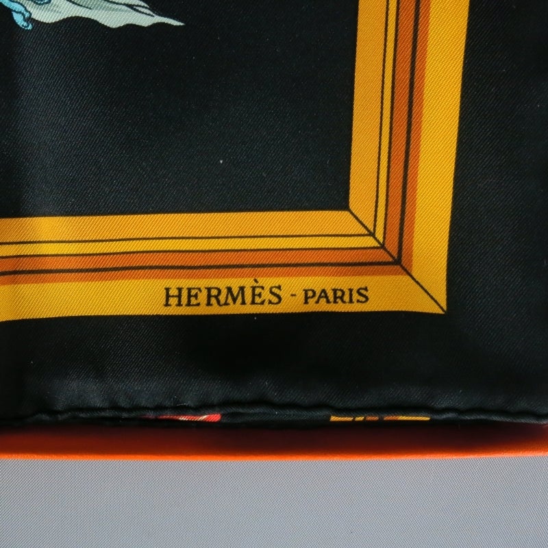 HERMES -Quai Aux Fleurs- Black Floral Horse Drawn Carriage Silk Scarf 6