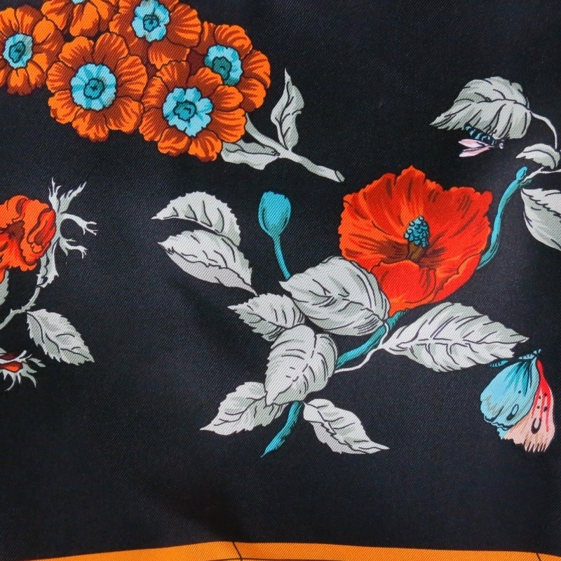 HERMES -Quai Aux Fleurs- Black Floral Horse Drawn Carriage Silk Scarf 4