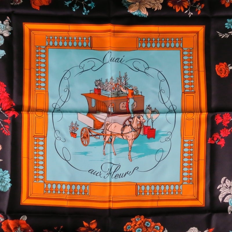 Women's HERMES -Quai Aux Fleurs- Black Floral Horse Drawn Carriage Silk Scarf