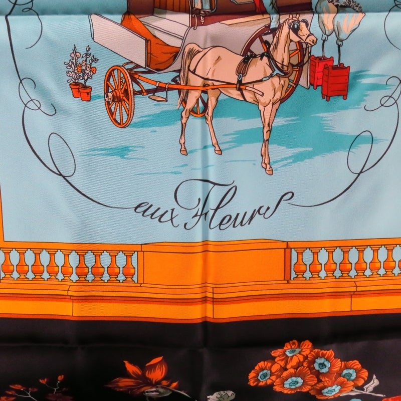 HERMES -Quai Aux Fleurs- Black Floral Horse Drawn Carriage Silk Scarf 2