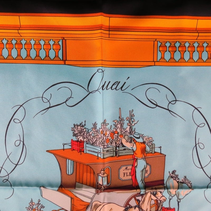 HERMES -Quai Aux Fleurs- Black Floral Horse Drawn Carriage Silk Scarf 1