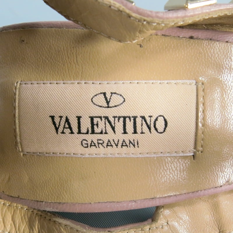 VALENTINO Size 8 Tan Leather -ROCKSTUD- Studded Slingback T Strap Pumps 2