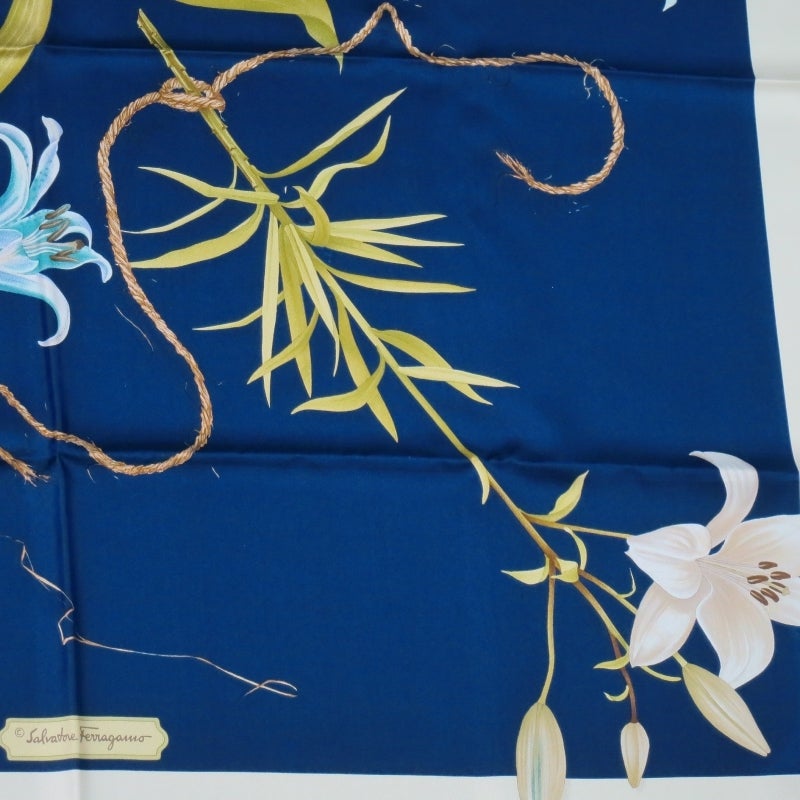 SALVATORE FERRAGAMO Navy Silk Tropical Flowers and Ropes Print Scarf 3