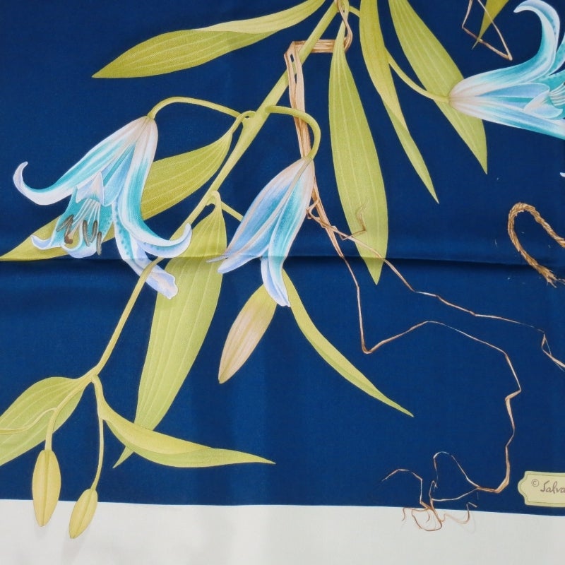 SALVATORE FERRAGAMO Navy Silk Tropical Flowers and Ropes Print Scarf 1