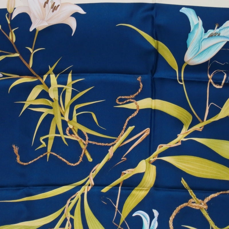 SALVATORE FERRAGAMO Navy Silk Tropical Flowers and Ropes Print Scarf 2
