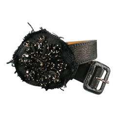 PRADA Black Leather Rhinestone Flower Patch Belt