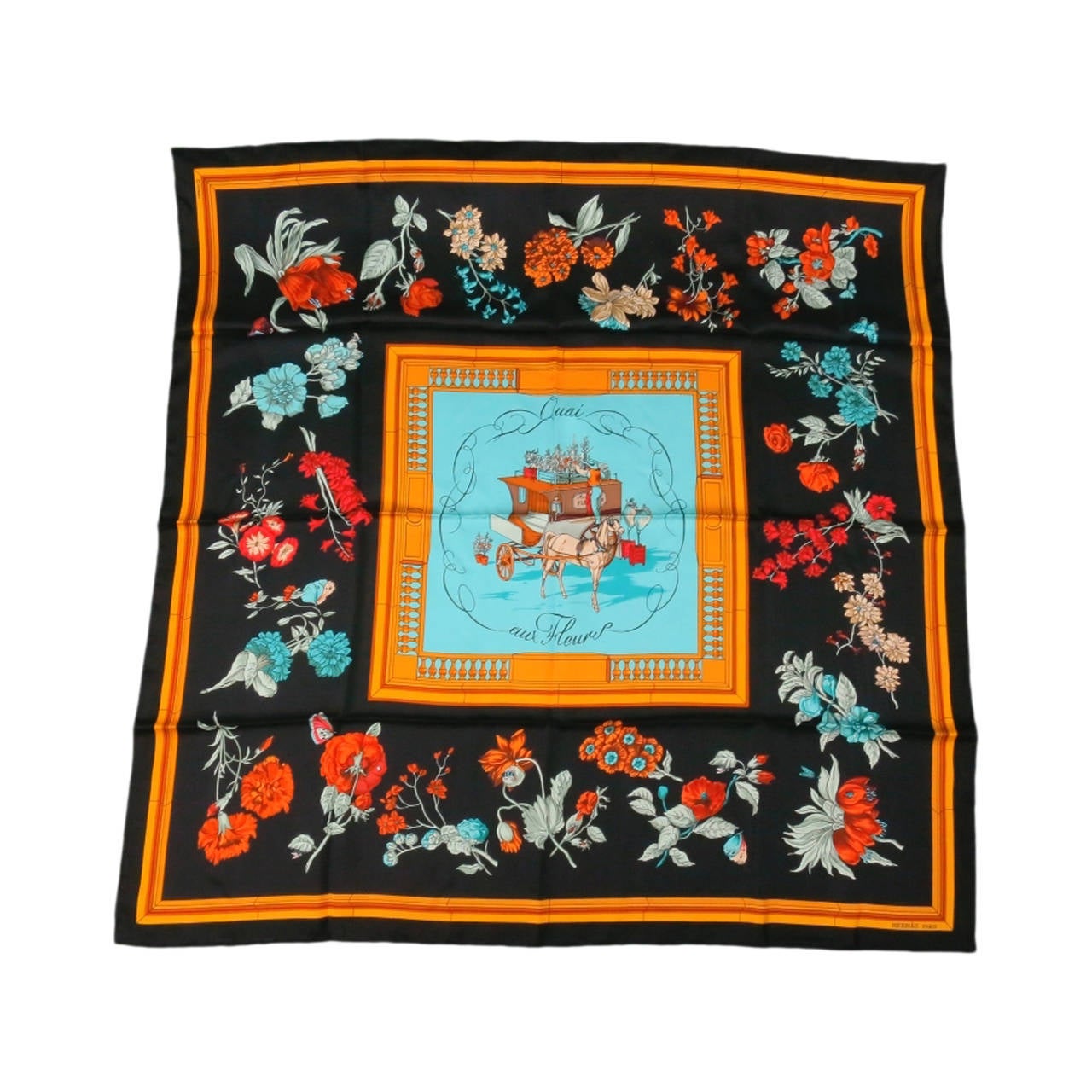 HERMES -Quai Aux Fleurs- Black Floral Horse Drawn Carriage Silk Scarf