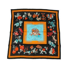 HERMES -Quai Aux Fleurs- Black Floral Horse Drawn Carriage Silk Scarf