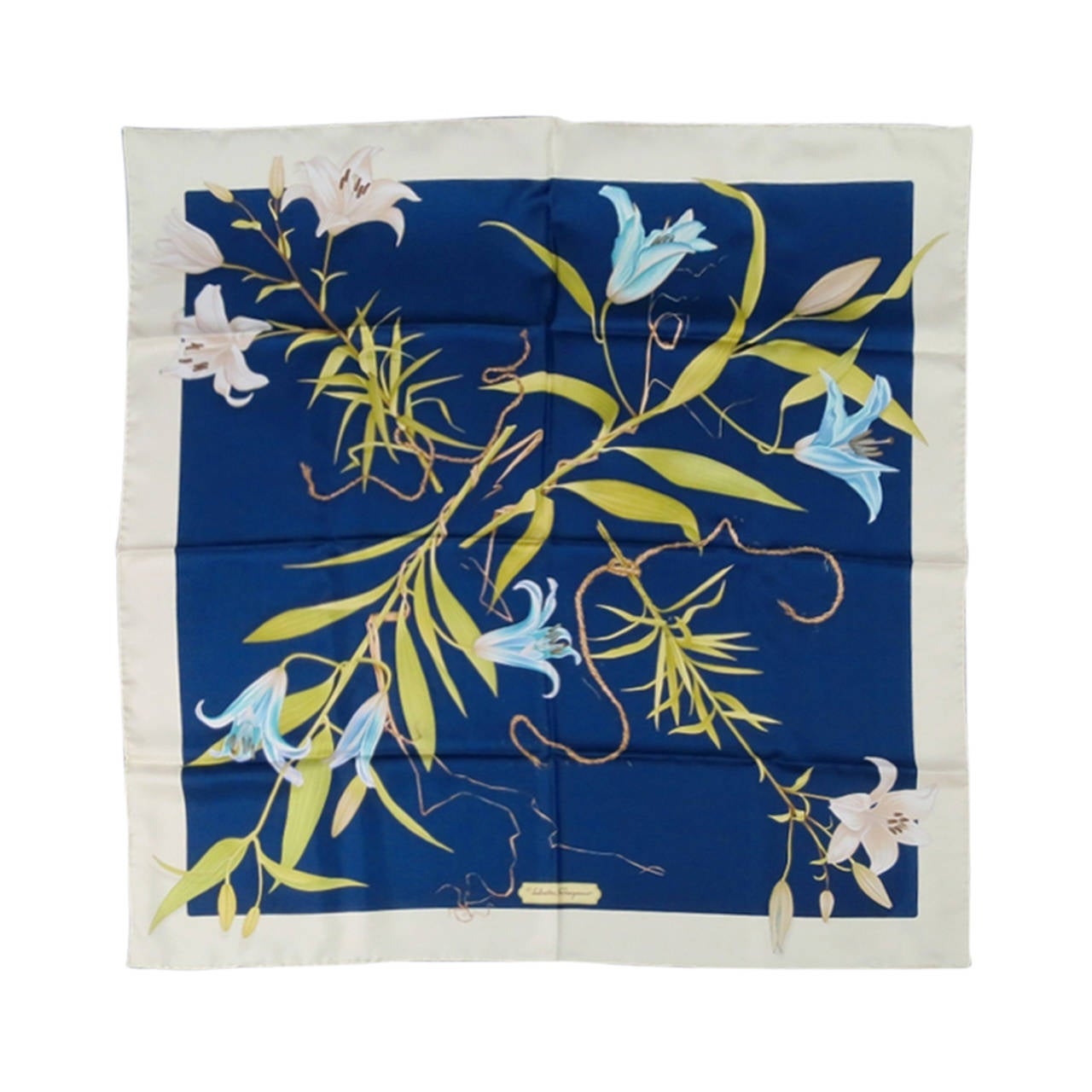 SALVATORE FERRAGAMO Navy Silk Tropical Flowers and Ropes Print Scarf