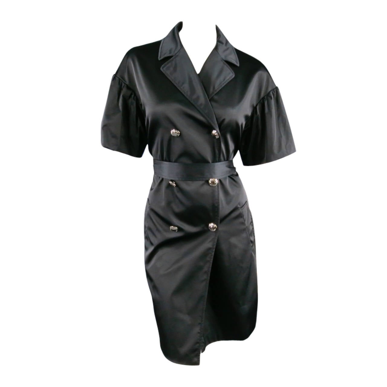 LOVE MOSCHINO Size 8 Black Satin Short Ruffle Sleeve Trench Coat