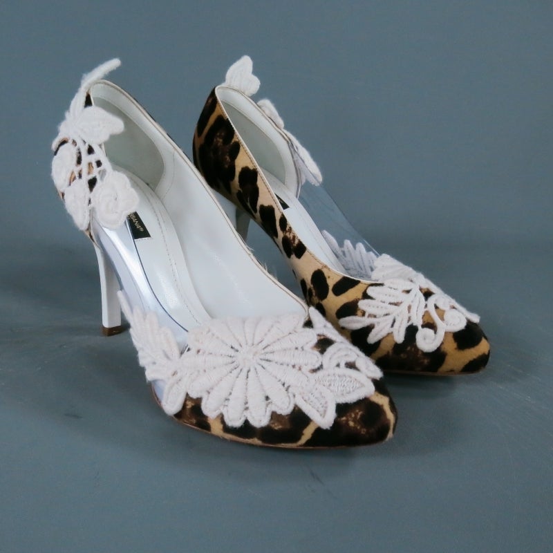 Gray DOLCE & GABBANA 8.5 Leopard Pony Hair White Lace Clear PVC Leather Pumps