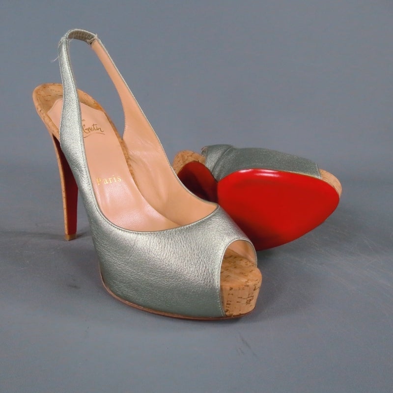 CHRISTIAN LOUBOUTIN Size 8 Mint Leather Slingback Cork Platform Pumps In New Condition In San Francisco, CA
