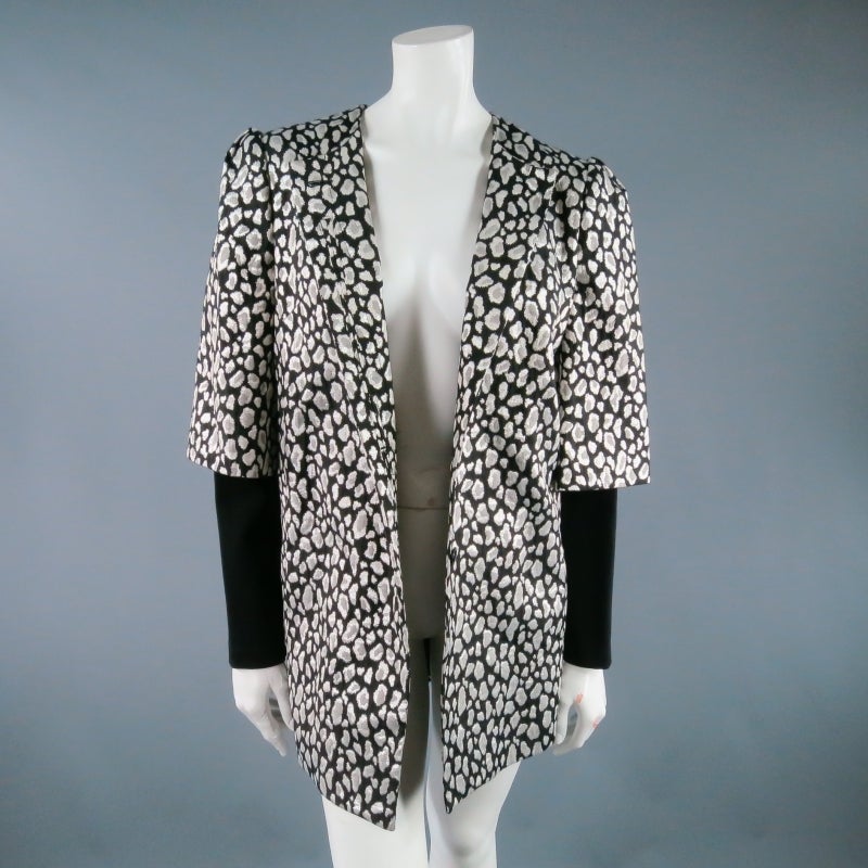 JUST CAVALLI Size 10 Metallic Silver Cheetah Jacquard Layered Puff Sleeve Coat