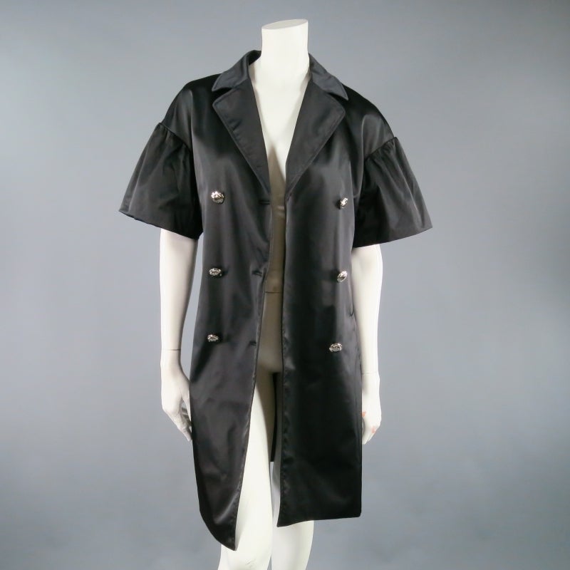 LOVE MOSCHINO Size 8 Black Satin Short Ruffle Sleeve Trench Coat 1