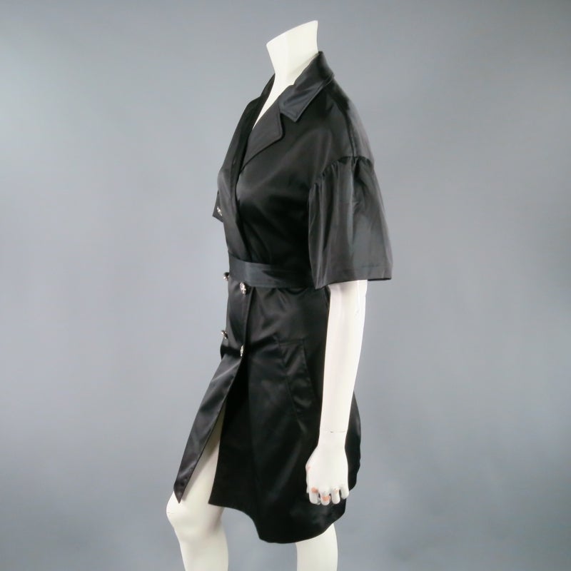 LOVE MOSCHINO Size 8 Black Satin Short Ruffle Sleeve Trench Coat 2
