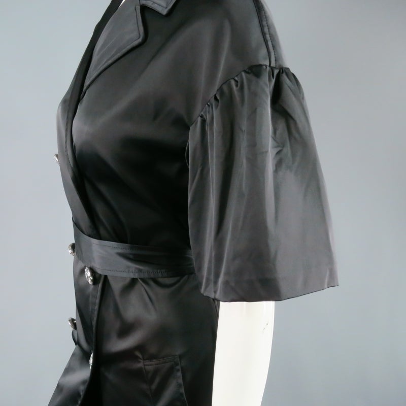 LOVE MOSCHINO Size 8 Black Satin Short Ruffle Sleeve Trench Coat 3