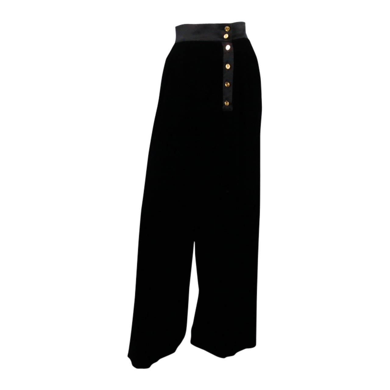 Vintage CHANEL Size 6 Black Silk Velvet Wide Leg Gold Button