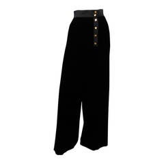 Retro CHANEL Size 6 Black Silk Velvet Wide Leg Gold Button Sailor Pants