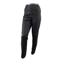 CHANEL Size 12 Black Wool Leather Waist Band CC Logo Dress Pants 2000