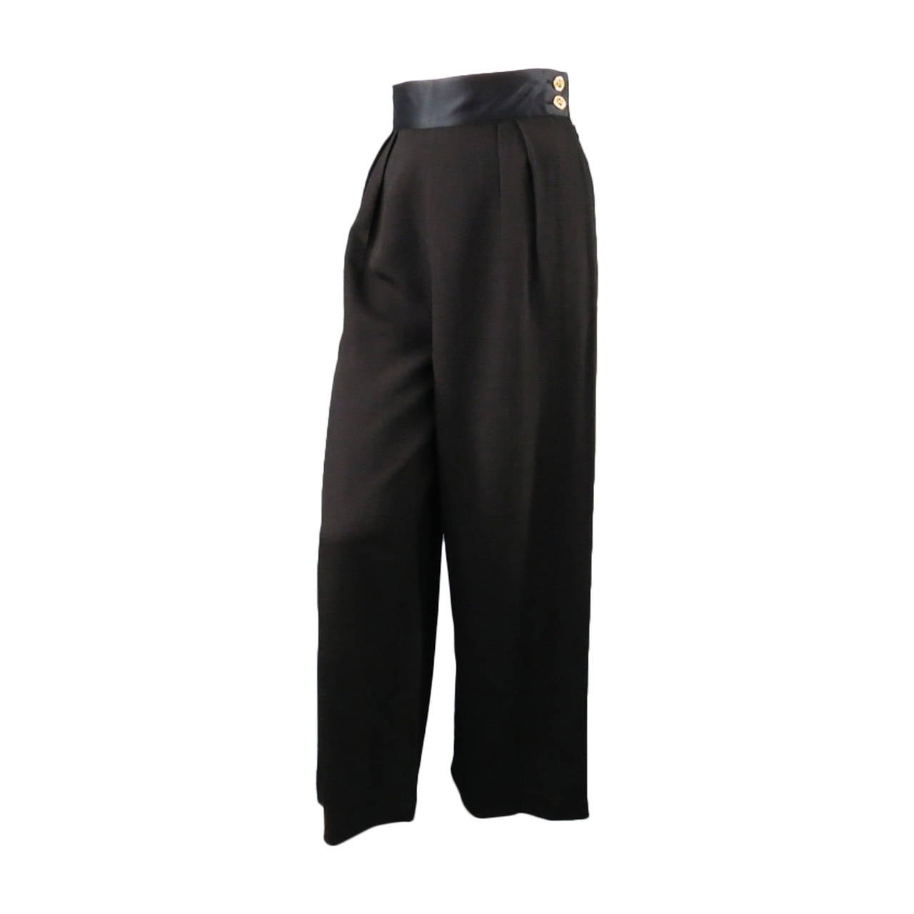 CHANEL Size 8 Black Crepe High Rise Satin Band Gold Button Wide Leg Dress Pants