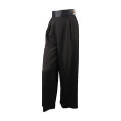 Vintage CHANEL Size 8 Black Crepe High Rise Satin Band Gold Button Wide Leg Dress Pants