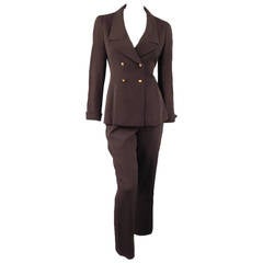 Retro CHANEL Size 8 Brown Wool Double Breasted Gold Button Pants Suit 1998