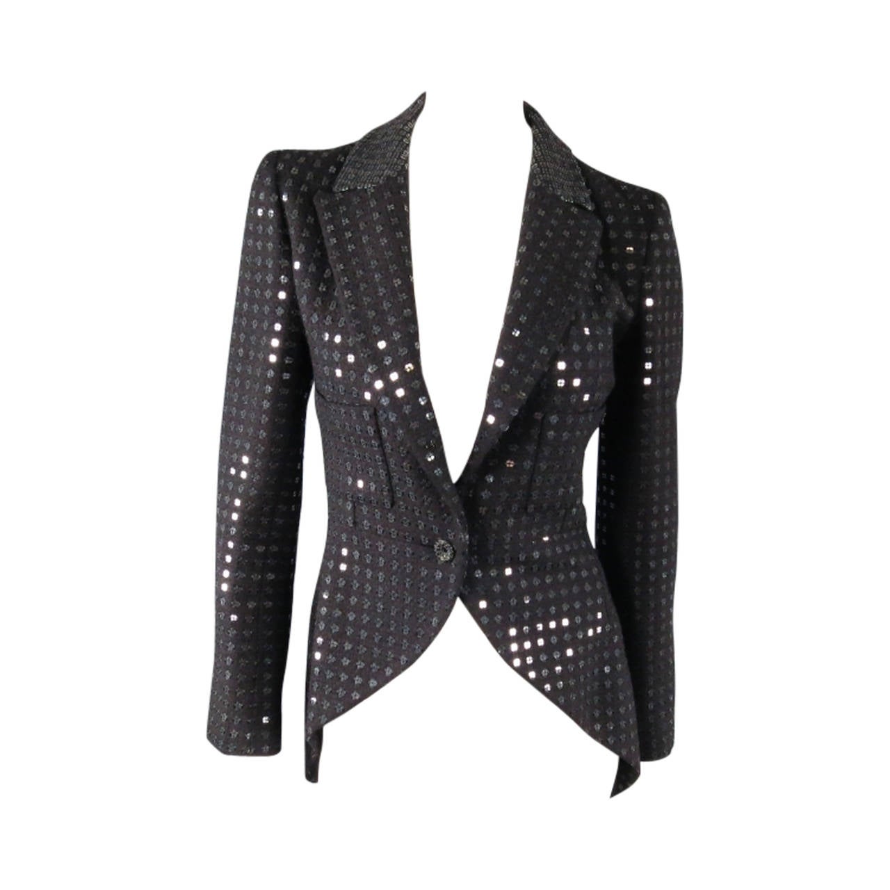 CHANEL Size 2 Black Sequin Wool Peak Lapel Tuxedo Riding Jacket at