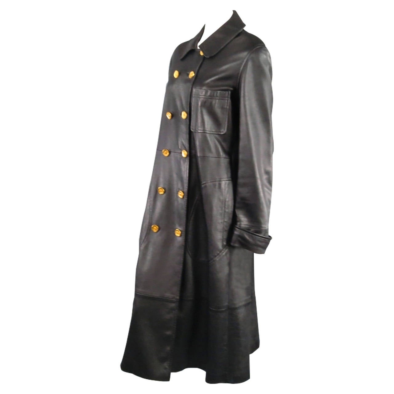 Vintage CHANEL Size 4 Black Leather Motor-Coat with Gold Buttons 1993
