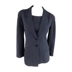 CHANEL 1999 8 Navy Wool Rund Lapel Blazer Jacket Blouse Set With Black Buttons