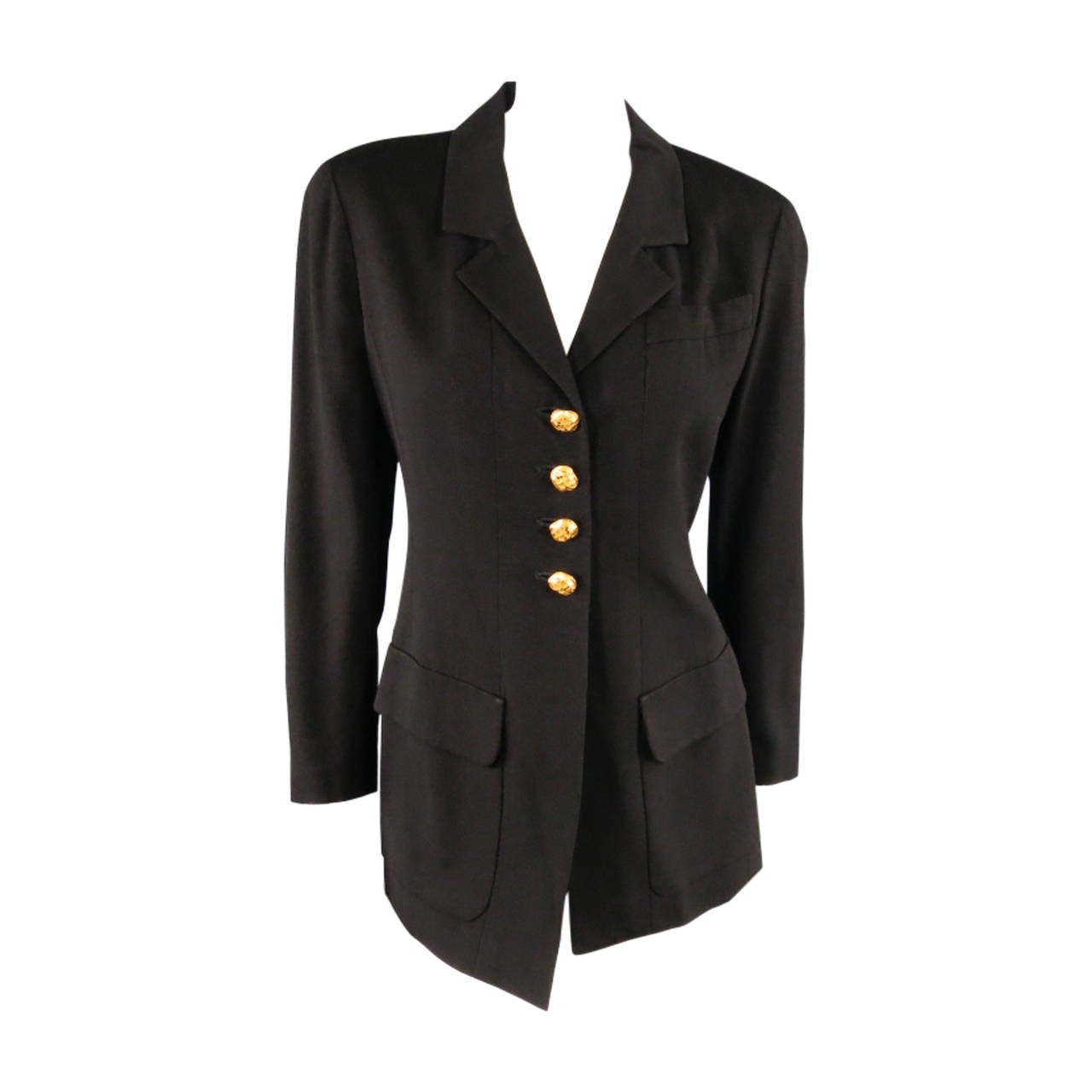 Vintage CHANEL Size 8 Black Crepe Gold Four Leaf Clover Button Blazer Jacket