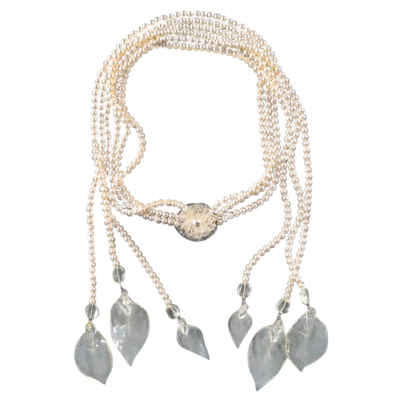 2003s CHANEL Tripple Pearl Strand Clear Camellia Flower And Leaves Necklace