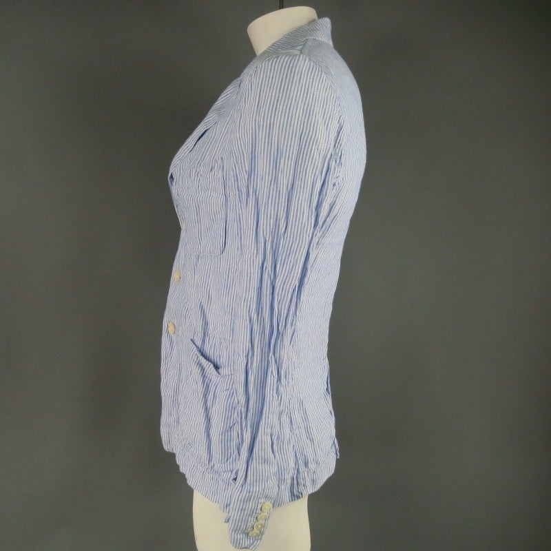 45rpm Men's 40  Blue & White Striped Winkle Textured Linen Light Sport Jacket