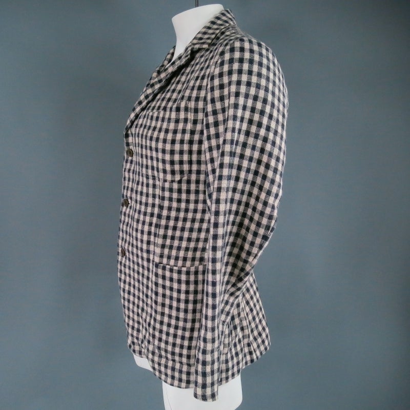 45rpm Men's 40 Navy & Tan Gingham Plaid Linen Soft Sport Coat Jacket