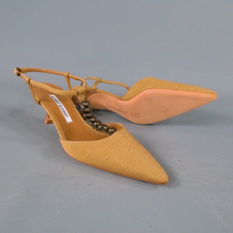 MANOLO BLAHNIK Size 8 Tan Linen Hardware Embellished T Strap Pumps In New Condition In San Francisco, CA