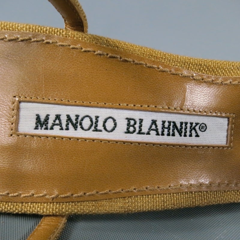 MANOLO BLAHNIK Size 8 Tan Linen Hardware Embellished T Strap Pumps 2