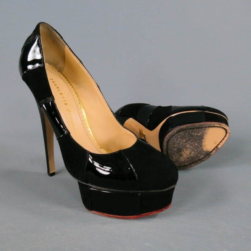 CHARLOTTE OLYMPIA Size 8 Black Suede & Patent Leather Striped Platform Pumps In Excellent Condition In San Francisco, CA