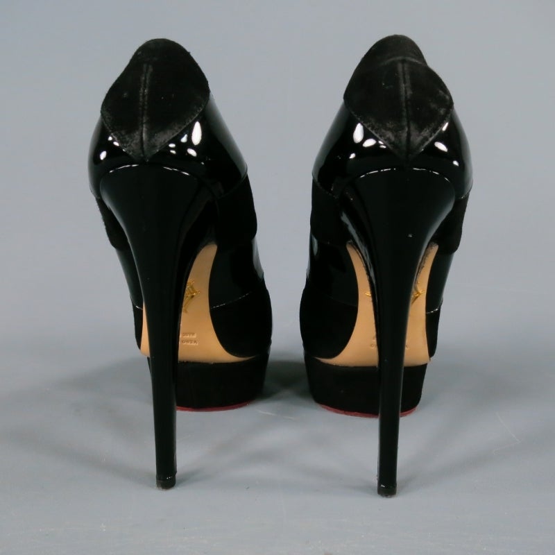 Women's CHARLOTTE OLYMPIA Size 8 Black Suede & Patent Leather Striped Platform Pumps