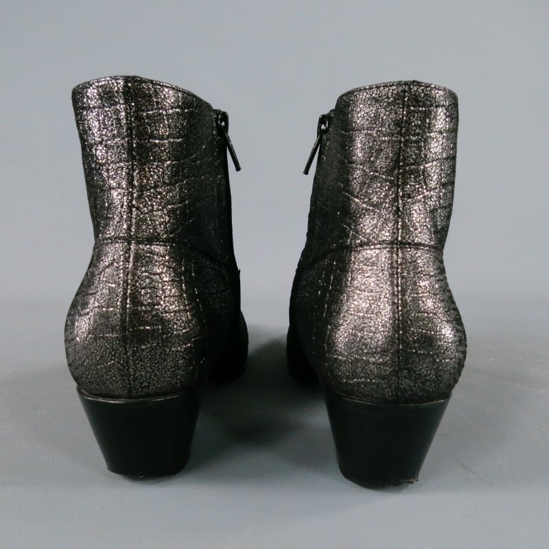 Black SAINT LAURENT 7 Anthracite Metallic Embossed Leather WYATT Boots 2014