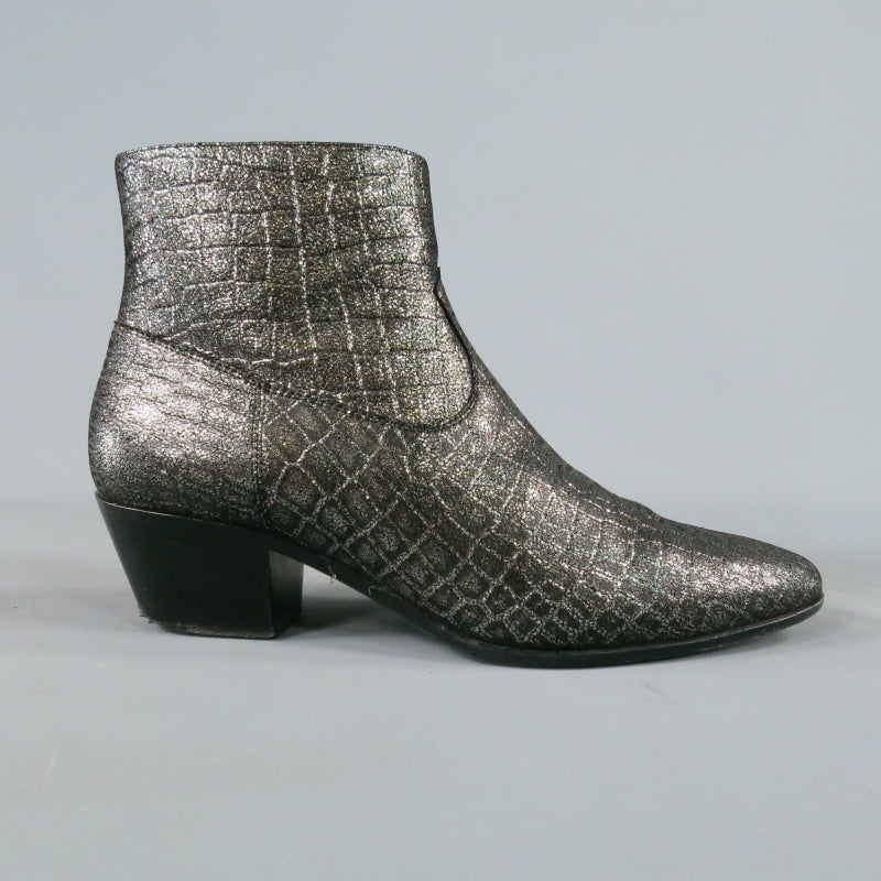 SAINT LAURENT 7 Anthracite Metallic Embossed Leather WYATT Boots 2014 In Excellent Condition In San Francisco, CA