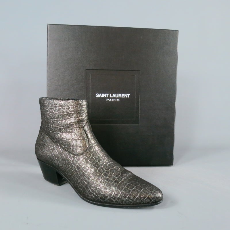 SAINT LAURENT 7 Anthracite Metallic Embossed Leather WYATT Boots 2014 2