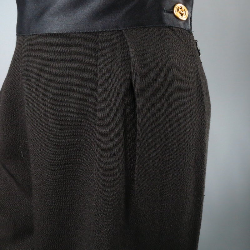 CHANEL Size 8 Black Crepe High Rise Satin Band Gold Button Wide Leg Dress Pants 1