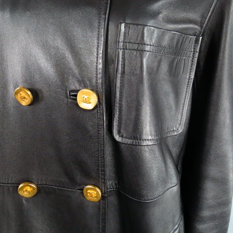 Women's Vintage CHANEL Size 4 Black Leather Motor-Coat with Gold Buttons 1993