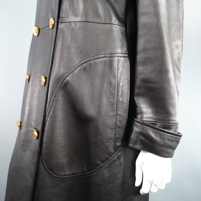 Vintage CHANEL Size 4 Black Leather Motor-Coat with Gold Buttons 1993 1