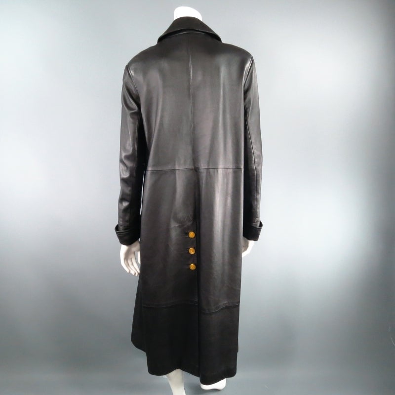 Vintage CHANEL Size 4 Black Leather Motor-Coat with Gold Buttons 1993 3
