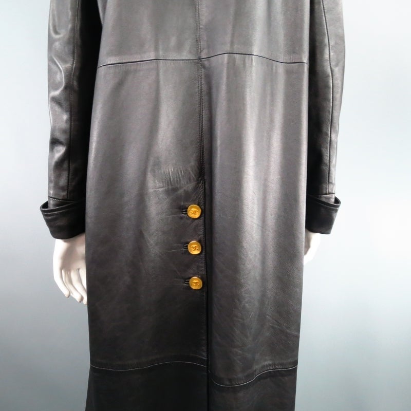 Vintage CHANEL Size 4 Black Leather Motor-Coat with Gold Buttons 1993 2