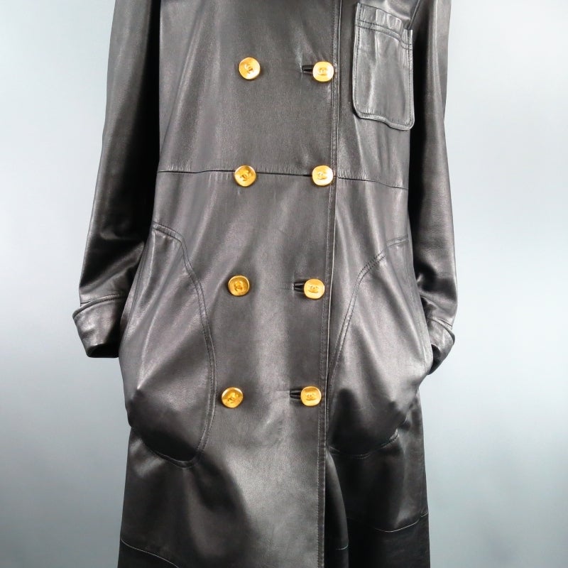 Vintage CHANEL Size 4 Black Leather Motor-Coat with Gold Buttons 1993 In Excellent Condition In San Francisco, CA