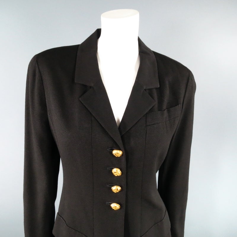 Vintage CHANEL Size 8 Black Crepe Gold Four Leaf Clover Button Blazer Jacket In Excellent Condition In San Francisco, CA