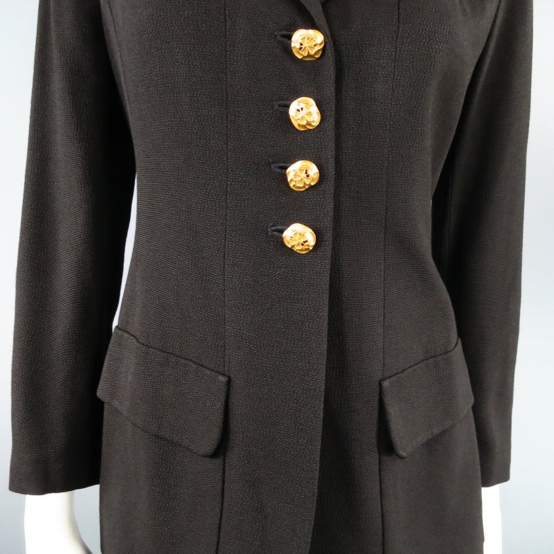 Women's Vintage CHANEL Size 8 Black Crepe Gold Four Leaf Clover Button Blazer Jacket
