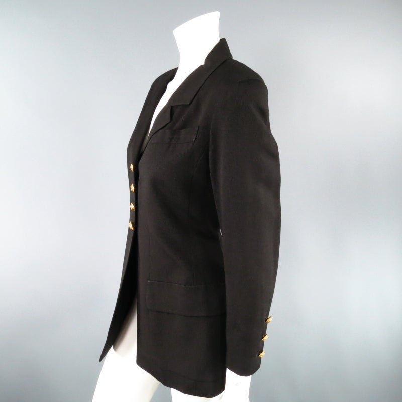 Vintage CHANEL Size 8 Black Crepe Gold Four Leaf Clover Button Blazer Jacket 1