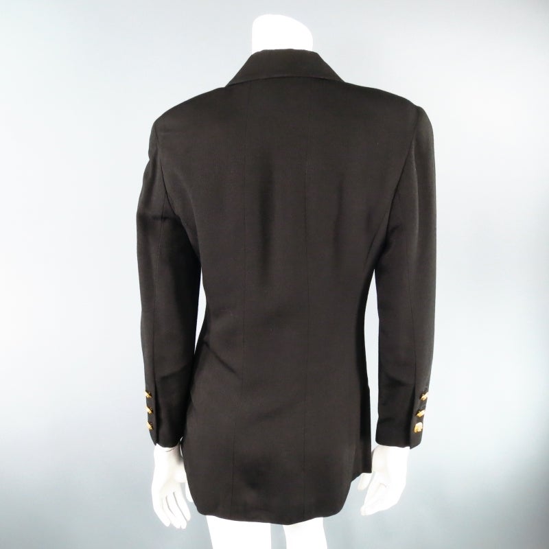 Vintage CHANEL Size 8 Black Crepe Gold Four Leaf Clover Button Blazer Jacket 4